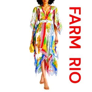 FARM RIO Off-White Tropical Destination Short Sleeve Midi Dress, Size S.